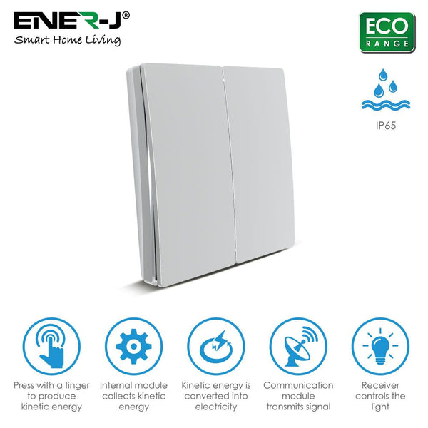 Enerj WS1051S Eco Range 2 Gang Wireless Kinetic Switch Silver