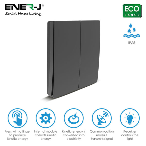 Enerj WS1051XB Eco Range 2 Gang Wireless Kinetic Switch Black