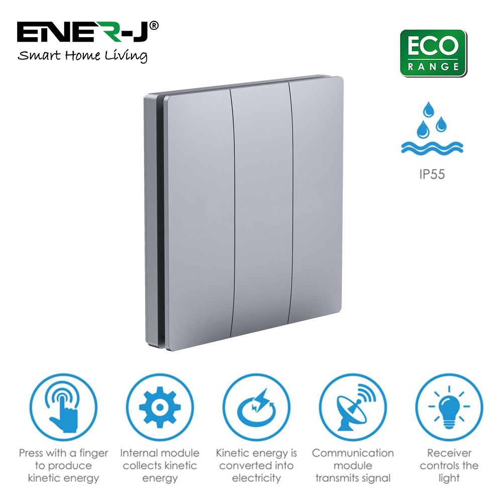 Enerj WS1052XS Eco Range 3 Gang Wireless Kinetic Switch Silver